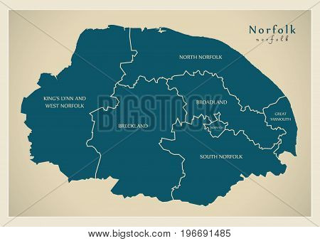Modern Map - Norfolk County With Detailed Captions Uk Illustration