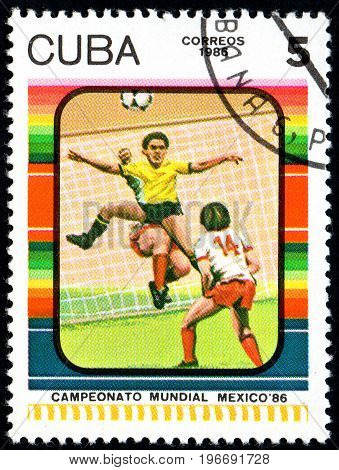 UKRAINE - CIRCA 2017: A postage stamp printed in Cuba shows Football Player's from series FIFA World Cup 1986 - Mexico circa 1986