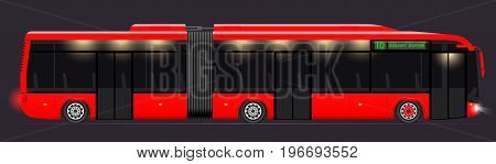 Large Articulated Bus. Red With Modern Design. Side View. Translucent Windows. Dark Night Background