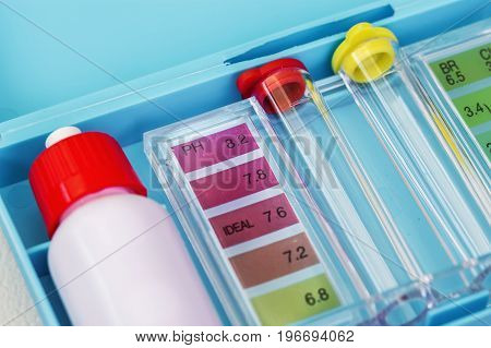 Kit Of Ph Chlorine And Bromide Test. Close-up On The Test Zone For Ph