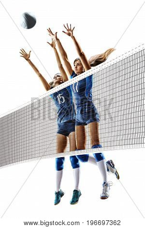 Female professional volleyball players isolated on white background