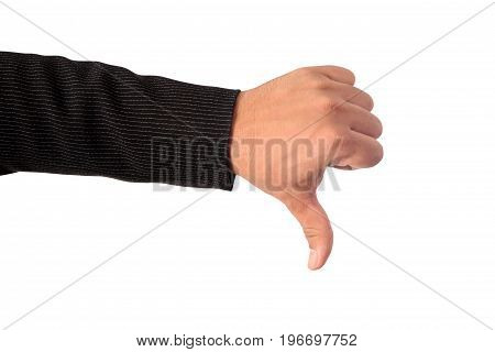 Close up of businessman's left hand making sign dislike isolated on white background clipping path.
