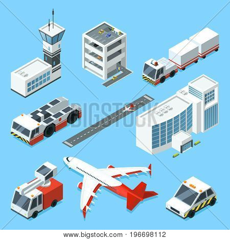 Airline terminal, aero tower, airplane and different support machines of airport. Airplane and machine for support, tower control airport illustration