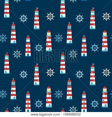 Vector seamless pattern with cartoon lighthouses and helms on dark blue background for children invitations clothing and paper products