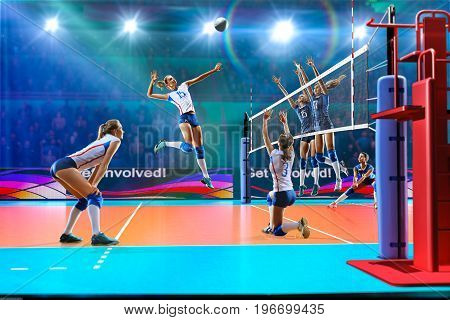 Female professional volleyball players on grand court in hilights