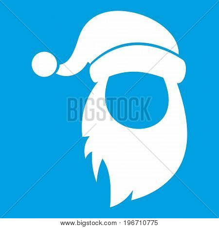 Cap with pompon of Santa Claus and beard icon white isolated on blue background vector illustration