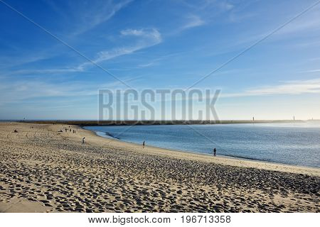 Praia da Barra Portugal - June 9 2017: Old beach in Praia da Barra city resort at sunset a famous beach near Aveiro Portugal