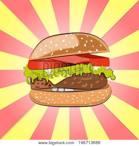 Hamburger or Burger with salad, cheese, beef meat cutlet and tomatoes. Colorful drawing of Cheeseburger. Cartoon-styled Fast Food -tasty burger.