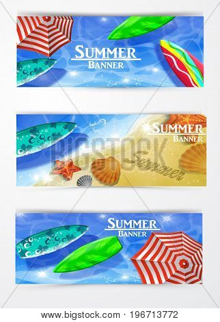 colorful umbrella floating surfing boards and water top view banner set vector illustration