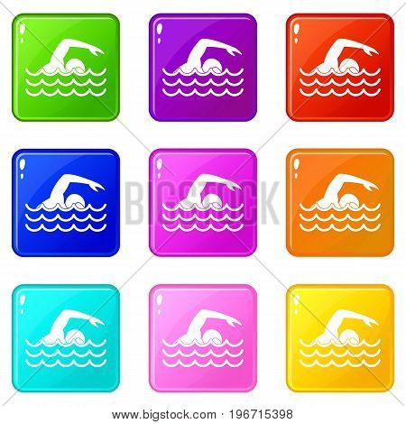 Swimmer icons of 9 color set isolated vector illustration