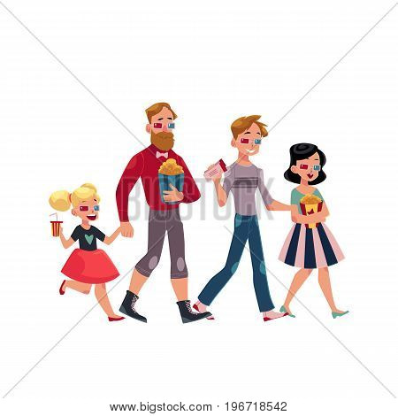 People go to cinema, movie theatre with popcorn, drinks, 3d glasses, cartoon vector illustration isolated on white background. Couple, father and daughter in 3d glasses go to cinema, movie