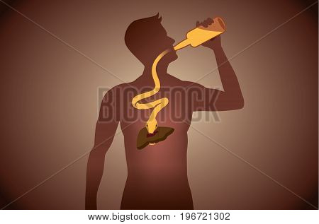 Snake out of alcohol bottle into body to attack liver while people drinking. Illustration about health care.