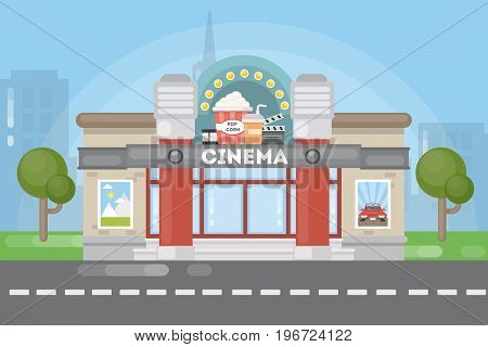 Isolated cinema building. House with cinema sign and secoration as pop corn. Urban street.