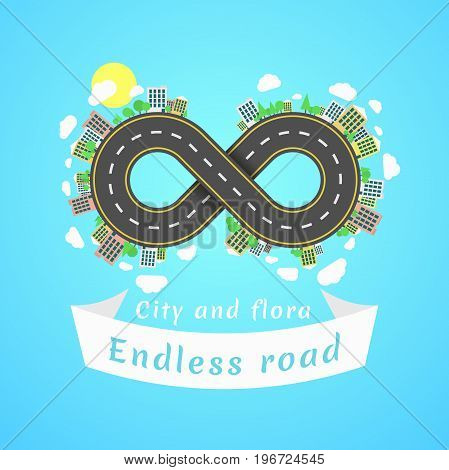 Endless road. Travel time. The carriageway. Banner of white ribbon. Cities and settlements. Trees and plants. Vector illustration