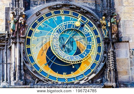 Old medieval astronomical clock (Orloj) in Prague on the Old Town Square.