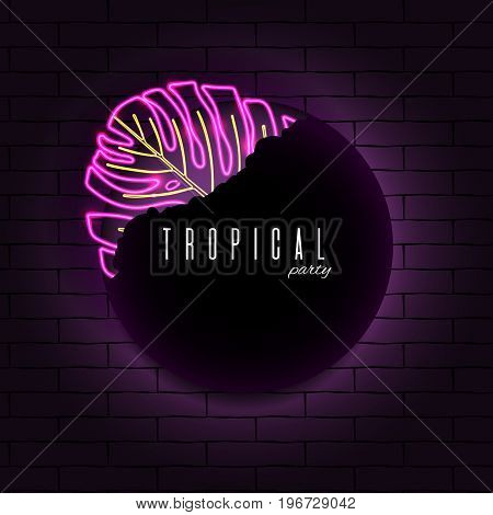 Glowing neon exotic tropical leaf dark background