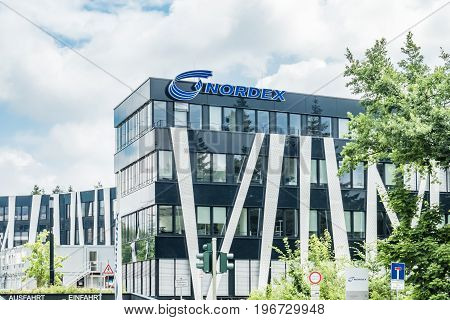 Hamburg , Germany - July 15, 2017: The Nordex headquarter is located in the city of Hamburg and is offering powerful wind turbines for nearly all geographical regions across the globe