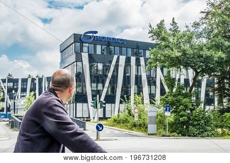 Hamburg , Germany - July 15, 2017: The Nordex headquarter is located in the city of Hamburg and is offering powerful wind turbines for nearly all geographical regions across the globe
