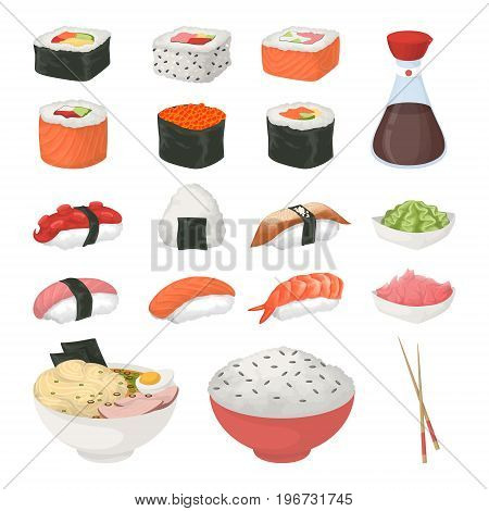 Sushi set on white background. Rolls and sushi, sashimi and soup. Soy souce.