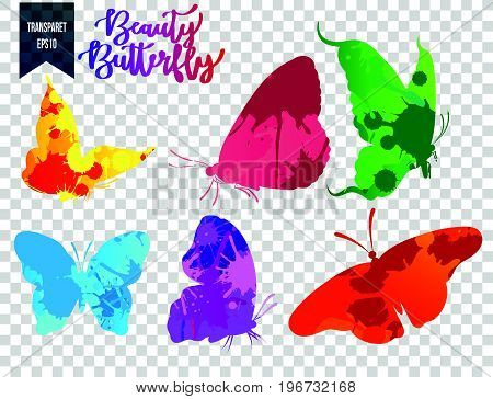 Butterfly silhouettes splash and butterfly colorful splash isolated on transparent background. Pretty vector butterfly set.