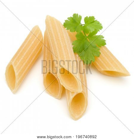 Italian pasta isolated on white background. Pennoni. Penne rigate.