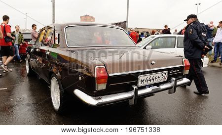 Orel Russia July 22 2017: Dynamica car festival. Old retro Soviet Volga car closeup