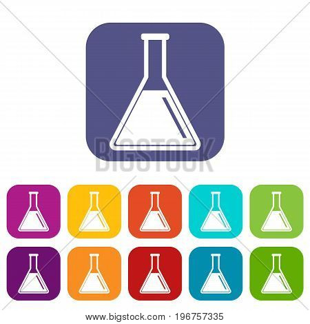 Test tube with oil icons set vector illustration in flat style in colors red, blue, green, and other