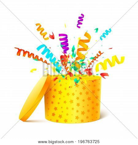 Yellow cylinder box isolated on white background with confetti explosion. An open gift box. A box with a surprise. Bright Gift Packaging. Vector illustration