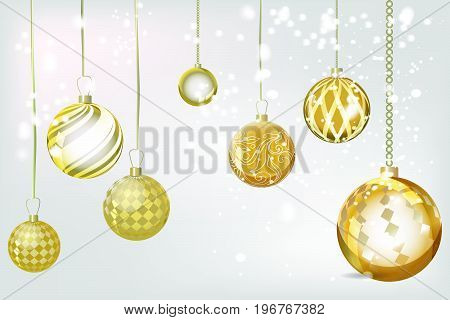 Vector golden xmas background abstract. Christmas ball snow ornaments set isolated. Christmas decoration with xmas magiclights and bokeh. New year gold effect decoration background.