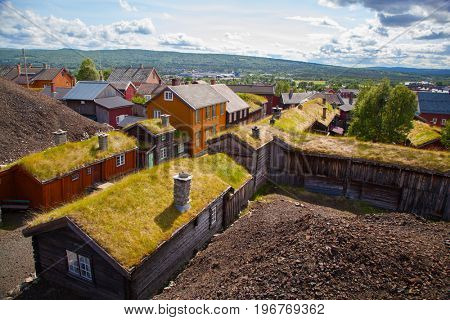 Traditional houses of copper mines town of Roros, Norway
