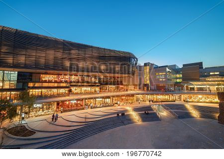Southampton, UK. 24th July 2017. A twilight capture of the newly constructed 'Watermark Westquay' development of restaurants, bars and leisure facilities.