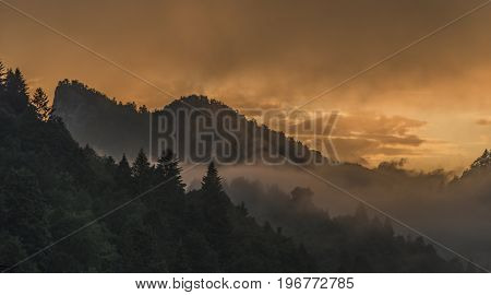 Sunset in Lesnica village after summer storm