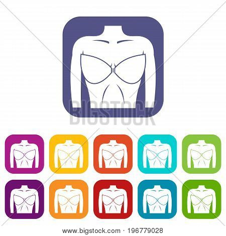 Female breast in a bra icons set vector illustration in flat style in colors red, blue, green, and other