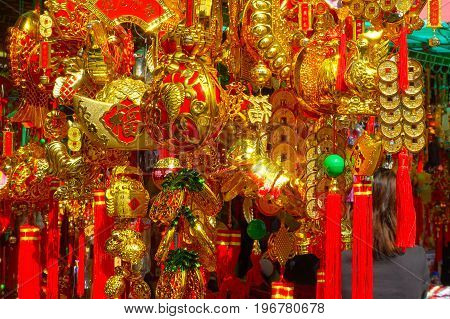HONG KONG, CHINA - JANUARY 22, 2017: Colorful presents at the enter of Wong Tai Sin Buddhist Temple to pray, in Hong Kong, China.