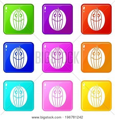 Ripe smiling melon icons of 9 color set isolated vector illustration