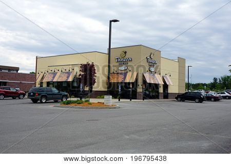 BIG RAPIDS, MICHIGAN / UNITED STATES - MAY 22, 2017: Panera Bread offers soups, salads, pasta, sandwiches, specialty drinks, and bakery items on State Street.