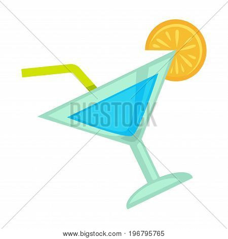 Vector illustration of blue colored cocktail served in glass with straw and orange.