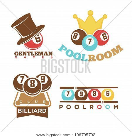 Billiard or poolroom gentleman club logo templates set. Vector isolated icons of pool room gaming cues and balls with numbers, man hat and winner crown for championship tournament