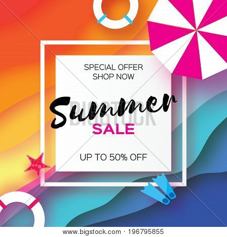 Summer Sale Template banner. Beach rest. Summer vacantion poster. Top view on colorful beach elements. Square frame with space for text. Paper art style. Vector
