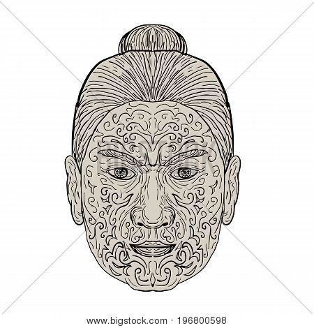 Illustration of a Maori Face with Moko facial Tattoo done in Drawing sketch style.