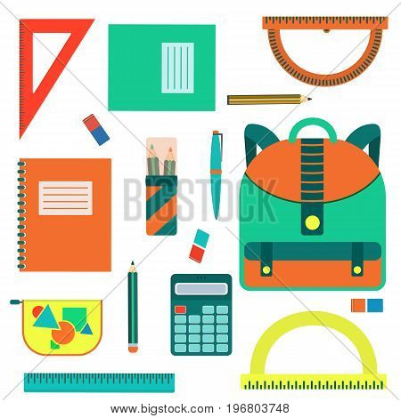 Big color flat back to school equipment set. Isolated vector school tools for web design shop badges banners covers