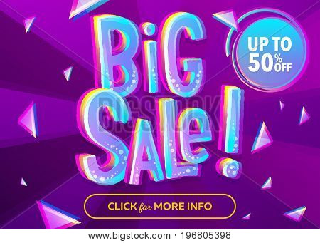 Bright Big Sale Banner with 3D Cartoon Style Text. Funny Discount Vector Poster. Special Offer Up To 50 percent Off. Comic Neon Candy Letters. Purple Background with Rays and Geometric Pattern.