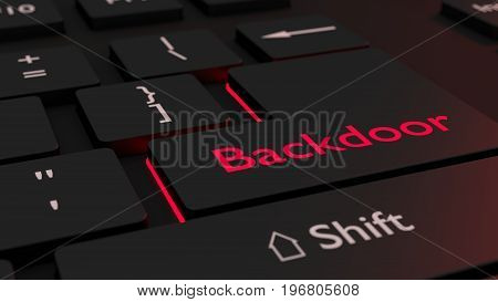 Black keyboard where the enter key is glowing red showing the word backdoor cybersecurity concept 3D illustration