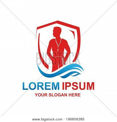 lifegaurd with an outline of shield and waves, logo design, isolated on white background.