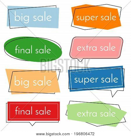 Set of eight sale vector bannes with colorful design elements. Vector illustration.