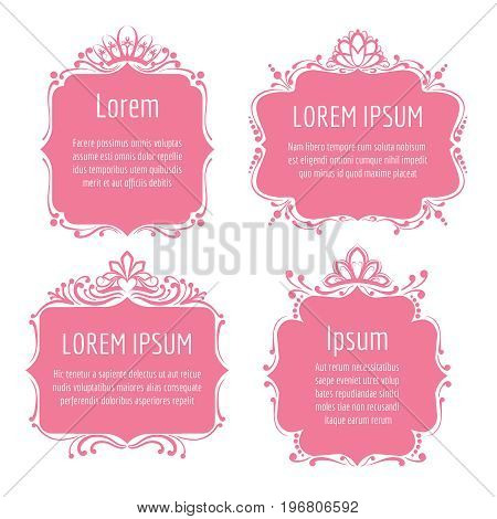 Beautiful pink borders with queen tiaras or frames with princess crowns isolated on white for little girl birthday invitation or wedding card