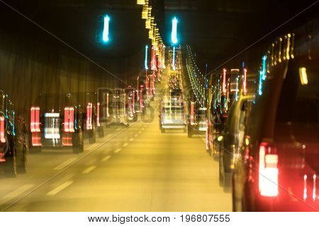 The traffic is queing in the Elbtunnel of the city of Hamburg, Germany