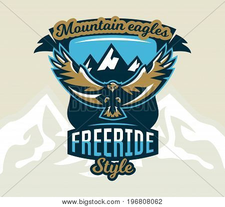 Logo, emblem of an eagle flying. Mountains, rocks. Badges shield, lettering. Vector illustration.