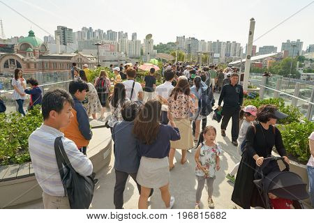 SEOUL, SOUTH KOREA - MAY 20, 2017: Seoul 7017 Skypark at opening day. The Seoullo 7017 Skypark, is an elevated linear park in central Seoul  which opened on May 20, 2017.