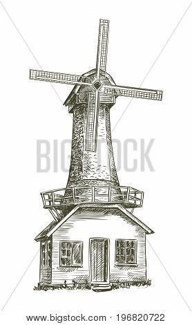 old windmill. vector sketch on white background